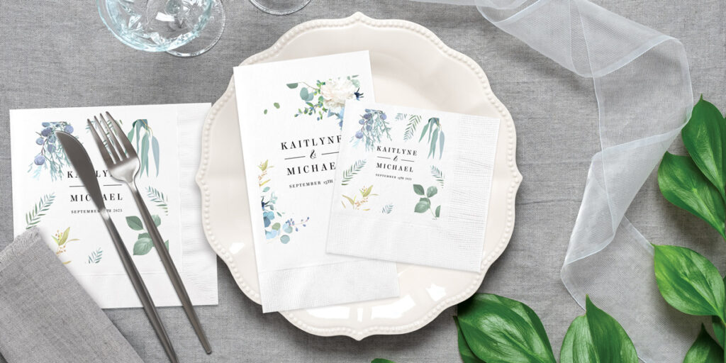 Personalize your sustainably produced and digital printed custom printed wedding and event napkins and coasters online.